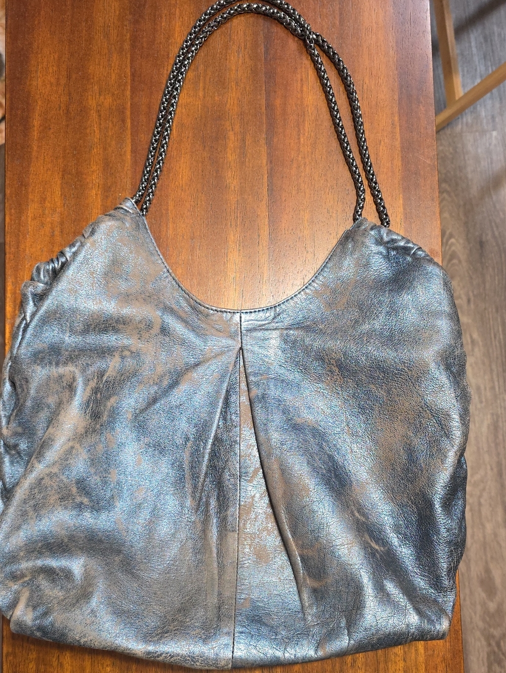 Elie Tahari Distressed Metallic Blue Leather Hobo Bag